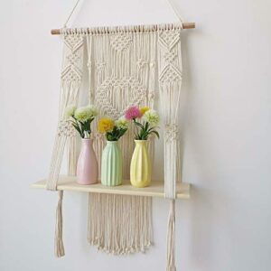 BLUETTEK Macrame Wall Hanging Shelf, Wood Floating Hanging Storage Shelf Bohomian Wall Decor (Heart)