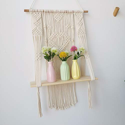 BLUETTEK Macrame Wall Hanging Shelf, Wood Floating Hanging Storage Shelf Bohomian Wall Decor (Heart)