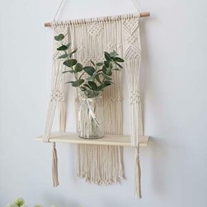 BLUETTEK Macrame Wall Hanging Shelf, Wood Floating Hanging Storage Shelf Bohomian Wall Decor (Heart)