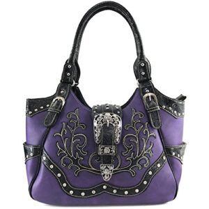 justin west tooled laser cut leather floral embroidery rhinestone buckle studded shoulder concealed carry tote style handbag purse (purple purse)