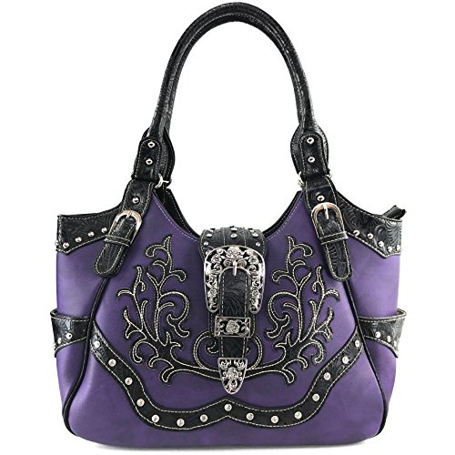 Justin West Tooled Laser Cut Leather Floral Embroidery Rhinestone Buckle Studded Shoulder Concealed Carry Tote Style Handbag Purse (Purple Purse)