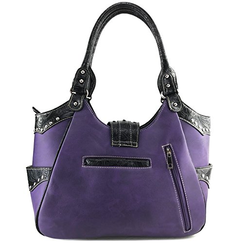 Justin West Tooled Laser Cut Leather Floral Embroidery Rhinestone Buckle Studded Shoulder Concealed Carry Tote Style Handbag Purse (Purple Purse)