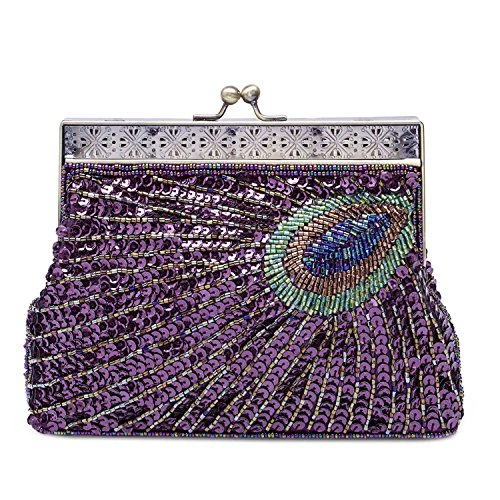 KISSCHIC Vintage Beaded Sequin Peacock Clutch Purse Evening Bags (Purple)