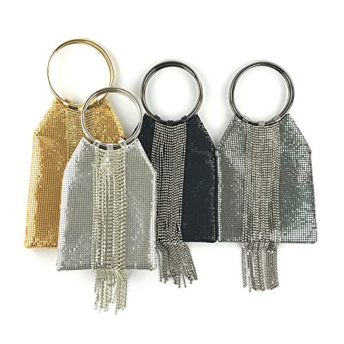 Wrist Handle Cocktail Party Wedding Evening Clutch Crystal Rhinestone Tassels Tote Handbag Metal Mesh Evening Bag