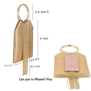 Wrist Handle Cocktail Party Wedding Evening Clutch Crystal Rhinestone Tassels Tote Handbag Metal Mesh Evening Bag