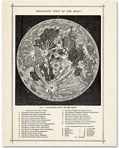 Moon Map Surfaces Art Space Vintage Antique - Moon Surface Phase Academia Chart - Great Astronomy Poster Decor Gift for Astronomers (Vintage Antique Map of the Moon)