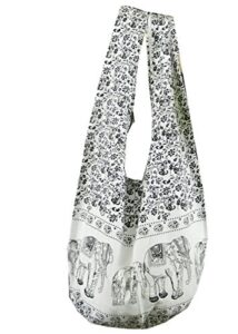 btp! elephant floral print sling crossbody shoulder bag purse hippie hobo thai cotton gypsy bohemian large (white yi-8)