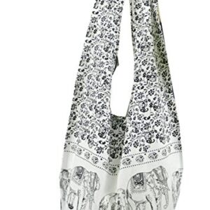 BTP! Elephant Floral Print Sling Crossbody Shoulder Bag Purse Hippie Hobo Thai Cotton Gypsy Bohemian Large (White YI-8)