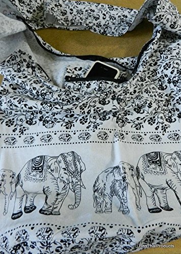 BTP! Elephant Floral Print Sling Crossbody Shoulder Bag Purse Hippie Hobo Thai Cotton Gypsy Bohemian Large (White YI-8)