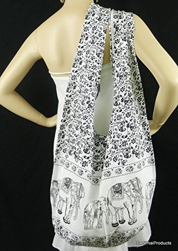 BTP! Elephant Floral Print Sling Crossbody Shoulder Bag Purse Hippie Hobo Thai Cotton Gypsy Bohemian Large (White YI-8)