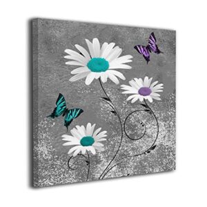 colla canvas print wall art teal purple daisy flower butterflies decorative paintings modern home wall decor for bedroom living room bathroom framed ready to hang 12×12 inches