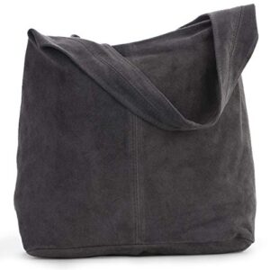 LiaTalia Womens Large Italian Suede Leather Single Shoulder Strap Hobo Slouch Bag with Storage Bag [Dark Grey (Plain)]