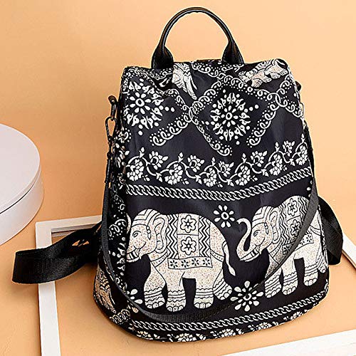 Monique Women Medium Floral Elephant Oxford Backpack Anti-theft Back Zipper Closure Daypack Convertible Shoulder Bag Black