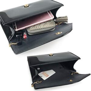 HOXIS Glossy Envelope Evening Clutch Faux Patent Leather Women Chain Shoulder Bag Solid Color Purse (Black)