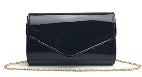 HOXIS Glossy Envelope Evening Clutch Faux Patent Leather Women Chain Shoulder Bag Solid Color Purse (Black)