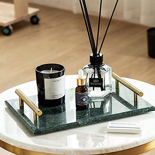 StonePlus Natural Real Marble Tray, Catchall Key Perfume Tray, Serving Tray with Handles for Living Dining Room (Drak Green,11.8Lx7.87W)