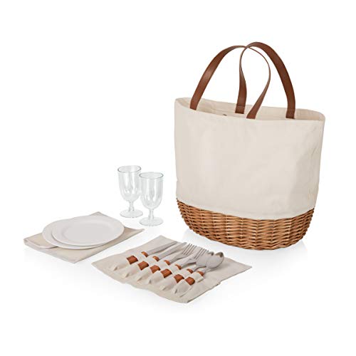 PICNIC TIME - Promenade Picnic Basket for 2 - Picnic Set with Canvas Tote Bag, (Beige Canvas)