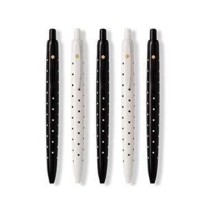 kate spade new york black ink pen set of 5, polka dot retractable pens, cute plastic click pens, black dots