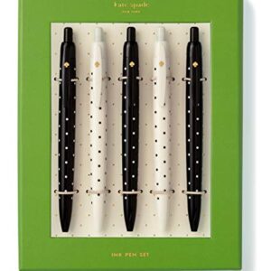 Kate Spade New York Black Ink Pen Set of 5, Polka Dot Retractable Pens, Cute Plastic Click Pens, Black Dots