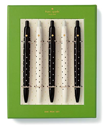 Kate Spade New York Black Ink Pen Set of 5, Polka Dot Retractable Pens, Cute Plastic Click Pens, Black Dots