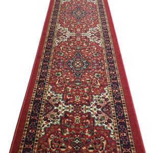rubber backed hallway runner rug, 31 x 120 inch, persian medallion carmine red, non slip, kitchen rugs and mats