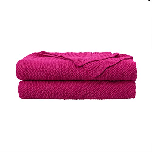 PiccoCasa 100% Cotton Knit Throw Blanket,Solid Lightweight Decorative Throws and Blankets,Soft Knitted Throw Blanket for Sofa Couch, Fuchsia 50" x 60"