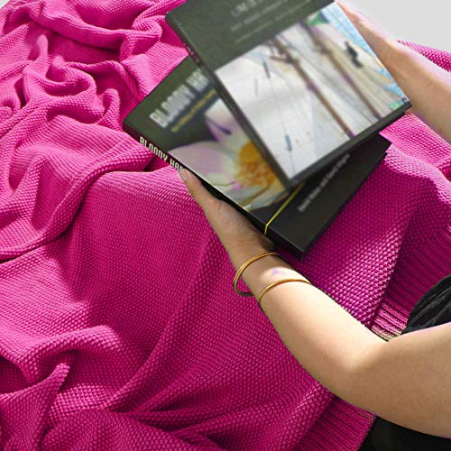 PiccoCasa 100% Cotton Knit Throw Blanket,Solid Lightweight Decorative Throws and Blankets,Soft Knitted Throw Blanket for Sofa Couch, Fuchsia 50" x 60"