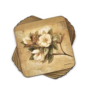 pimpernel sugar magnolia collection coasters | set of 6 | cork backed board | heat and stain resistant | drinks coaster for tabletop protection | measures 4” x 4”