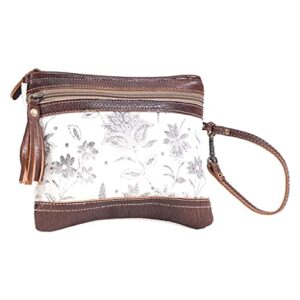 Myra Bag Creamy Petal Upcycled Canvas & Leather Pouch Wristlet Bag S-1613