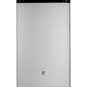 GE Mini Fridge With Freezer | 4.4 Cubic Ft. | Single-Door Design With Glass Shelves, In-Door Can Rack & Small Freezer | Small Refrigerator Perfect for the Garage, Dorm Room, or Bedroom | Clean Steel