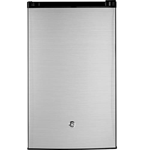 GE Mini Fridge With Freezer | 4.4 Cubic Ft. | Single-Door Design With Glass Shelves, In-Door Can Rack & Small Freezer | Small Refrigerator Perfect for the Garage, Dorm Room, or Bedroom | Clean Steel