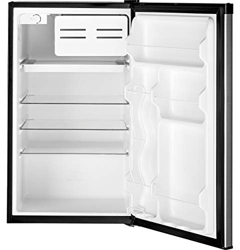 GE Mini Fridge With Freezer | 4.4 Cubic Ft. | Single-Door Design With Glass Shelves, In-Door Can Rack & Small Freezer | Small Refrigerator Perfect for the Garage, Dorm Room, or Bedroom | Clean Steel