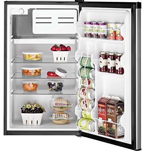 GE Mini Fridge With Freezer | 4.4 Cubic Ft. | Single-Door Design With Glass Shelves, In-Door Can Rack & Small Freezer | Small Refrigerator Perfect for the Garage, Dorm Room, or Bedroom | Clean Steel