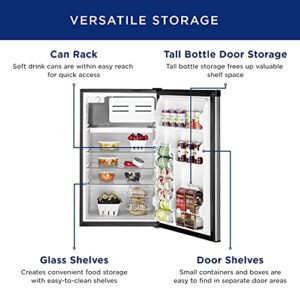 GE Mini Fridge With Freezer | 4.4 Cubic Ft. | Single-Door Design With Glass Shelves, In-Door Can Rack & Small Freezer | Small Refrigerator Perfect for the Garage, Dorm Room, or Bedroom | Clean Steel