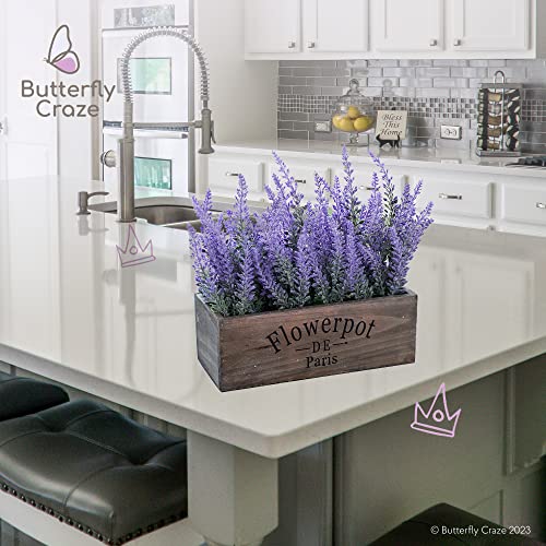 Butterfly Craze Artificial Lavender Plants in Rustic Wooden Planters - Lifelike, Stunning Faux Silk Purple Flowers Perfect for Elevating Your Patio, Home Décor, or Office, Large Dark Brown Pot