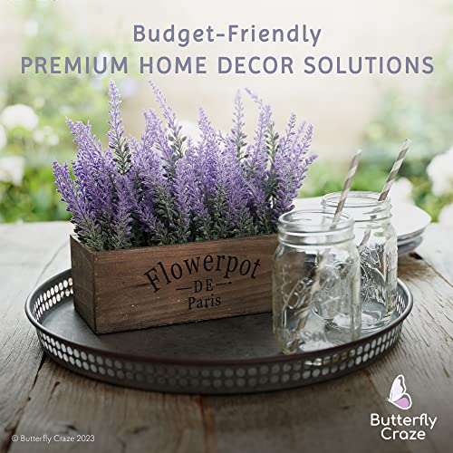 Butterfly Craze Artificial Lavender Plants in Rustic Wooden Planters - Lifelike, Stunning Faux Silk Purple Flowers Perfect for Elevating Your Patio, Home Décor, or Office, Large Dark Brown Pot