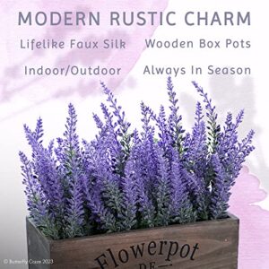 Butterfly Craze Artificial Lavender Plants in Rustic Wooden Planters - Lifelike, Stunning Faux Silk Purple Flowers Perfect for Elevating Your Patio, Home Décor, or Office, Large Dark Brown Pot