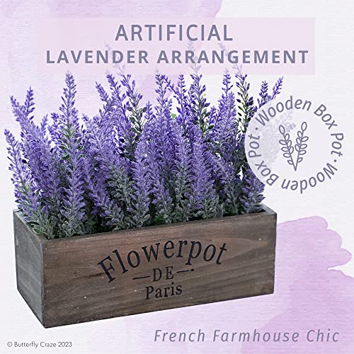 Butterfly Craze Artificial Lavender Plants in Rustic Wooden Planters - Lifelike, Stunning Faux Silk Purple Flowers Perfect for Elevating Your Patio, Home Décor, or Office, Large Dark Brown Pot