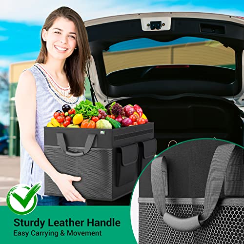 MIU COLOR Car Trunk Organizer with Lid, Foldable Car Storage Organizer with 3 Compartments, 8 Pockets, Leather Handles, Non-Slip Bottom, Car Organizer and Storage for SUV, Van, Grocery, Camping, Black