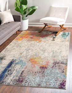 unique loom chromatic collection modern colorful & vibrant abstract area rug for any home décor, rectangular 5′ 0″ x 8′ 0″, beige/pink