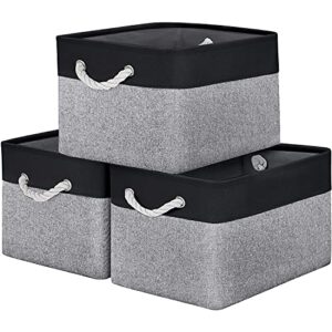 wiselife baskets for organizing [3-pack] collapsible canvas storage bins for toys shoes decorative storage bins for organizing with handles(grey-black patchwork,15″ lx11 wx9.5 h)