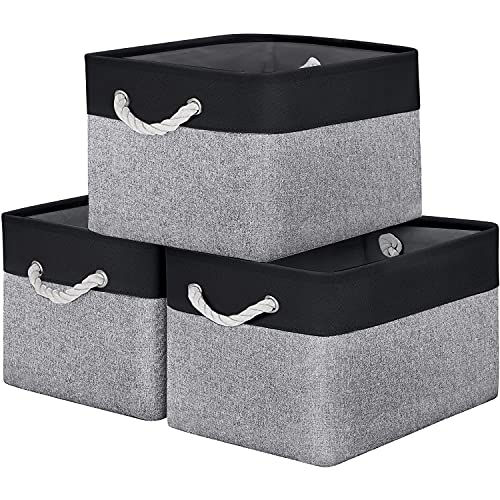 WISELIFE Baskets for Organizing [3-Pack] Collapsible Canvas Storage Bins for Toys Shoes Decorative Storage Bins for Organizing with Handles(Grey-Black Patchwork,15" Lx11 Wx9.5 H)