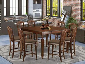 east west furniture chel9-mah-c square counter height table8 stools set 9 pc-linen fabric kitchen chairs seat-mahogany finish dining room table and frame