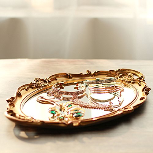 Zosenley Polyresin Ellipse Antique Decorative Mirror Tray, Makeup Organizer, Jewelry Organizer, Serving Tray, 9.8”x 14.6”, Gold