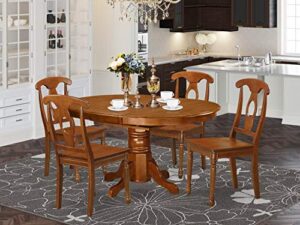 east west furniture avna5-sbr-w 5 piece modern dining table set includes an oval wooden table with butterfly leaf and 4 dining chairs, 42×60 inch, saddle brown