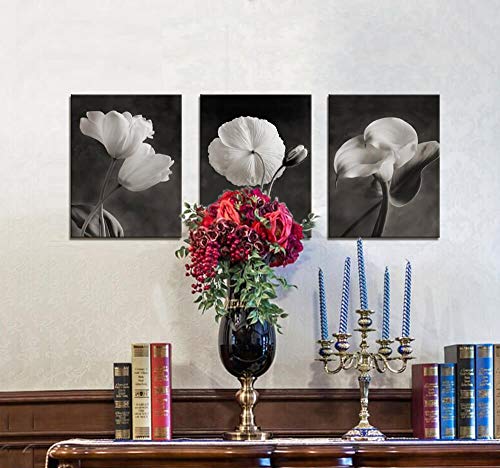 Canvas Wall Art Contemporary Simple Life White Flower Lily Painting Wall Art Decor - 3 Panels Framed Canvas Prints Black and white Style Giclee Artwork Ready to Hang Home Decorations Office Decor Gift