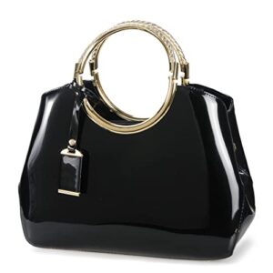 hoxis charm glossy metal grip structured shoulder handbag women satchel (black)