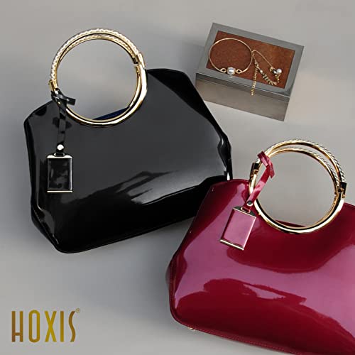 HOXIS Charm Glossy Metal Grip Structured Shoulder Handbag Women Satchel (Black)