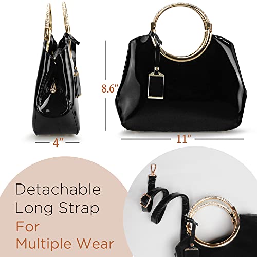 HOXIS Charm Glossy Metal Grip Structured Shoulder Handbag Women Satchel (Black)