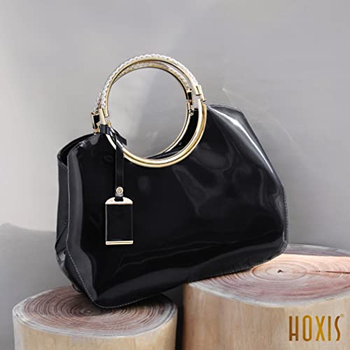 HOXIS Charm Glossy Metal Grip Structured Shoulder Handbag Women Satchel (Black)